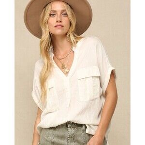 Kyemi Flap Front Pocked Rolled Dolman Sleeve Top
